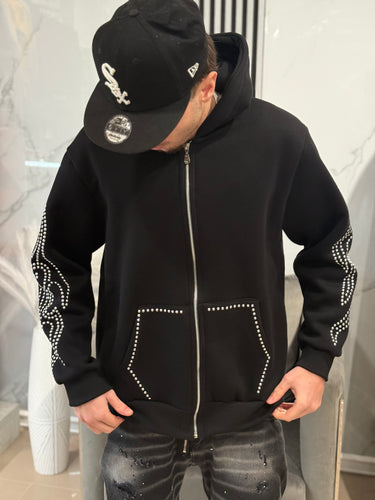 Felpa nera zip fiamma borchiata con capuccio boxy fit