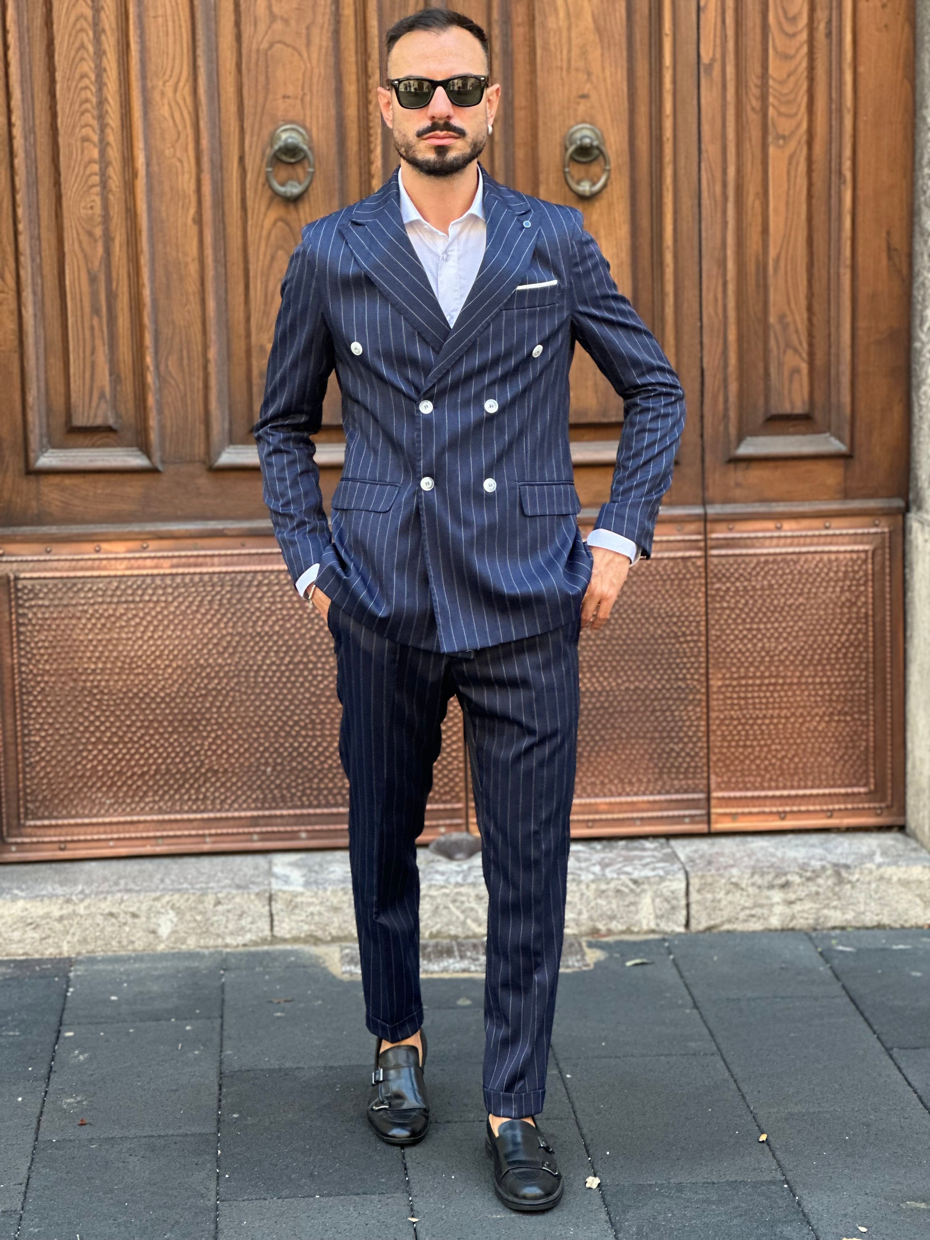 Abito Uomo Gessato Blu Doppiopetto Abito Gessato Blu Completo