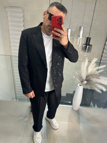 abito doppio petto nero BRILLANTINATO pantalone fondo largo