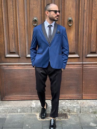 abito smoking giacca blu pantalone nero art Italia