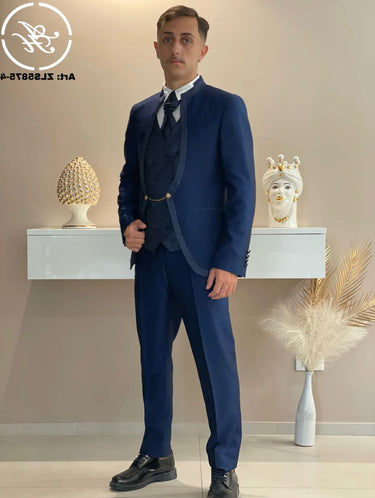 ABITO COREANO BLU CON REVER DAMASCATO TRE PEZZI CON GILET E CRAVATTA ABBINTA LIMITED EDITION art zls5875-0.jpeg