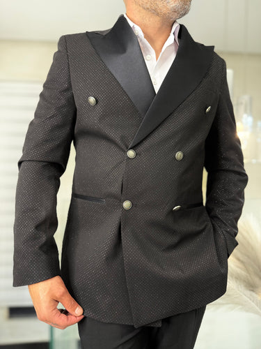 abito doppio petto nero BRILLANTINATO Diamantato Rever raso bottoni argento pantalone Slim art 2