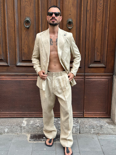 Abito doppio petto puro lino italiano alta sartoria pantalone fondo largo art must vari colori