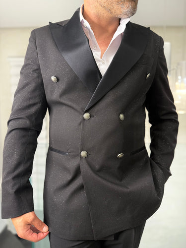 abito doppio petto nero BRILLANTINATO Rever raso bottoni argento Diamantato pantalone Slim art 1