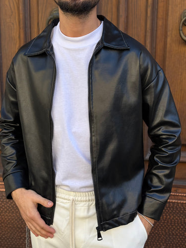giacca giubbino eco pelle nero con zip e colletto uomo q1