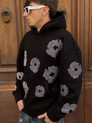 Felpa nera Brillantinata FIORI DIAMOND con cappuccio boxy fit made in italy