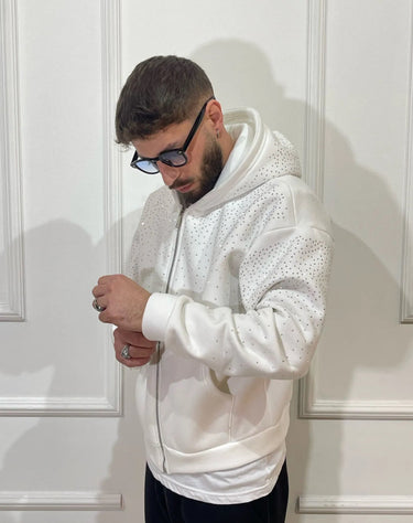 Felpa bianca zip DIAMOND Brillantinata con capuccio boxy fit made in italy-0.jpeg