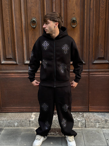 Track suit nera Tuta zip boxy fondo largo DIAMOND Brillantinata CROCE-0.jpeg