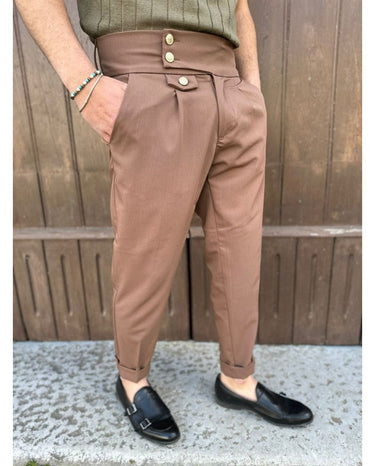 pantalone sartoriale vita alta bottoni oro marrone-0.jpeg