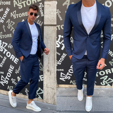 abito smoking blu scuro con rever blu Q1