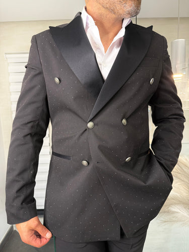 abito doppio petto  nero BRILLANTINATO   Rever raso bottoni argento Diamantato pantalone Slim art 3
