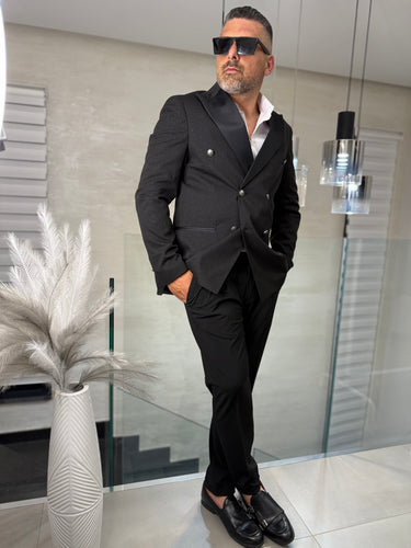 abito doppio petto  nero BRILLANTINATO   Rever raso bottoni argento Diamantato pantalone Slim art 1