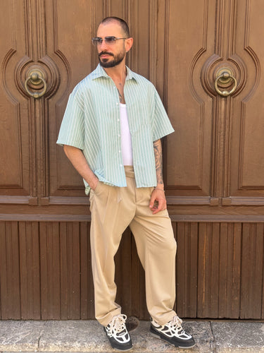 camicia  riga verde cropped manica corta