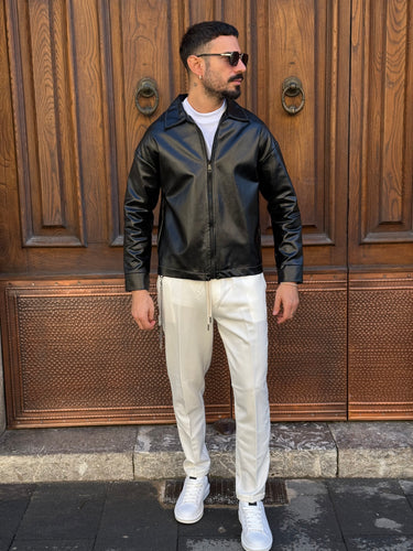 giacca giubbino  eco pelle nero  con zip e colletto uomo q1