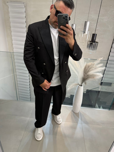 abito doppio petto  nero BRILLANTINATO   Rever raso bottoni argento Diamantato pantalone fondo largo art 1