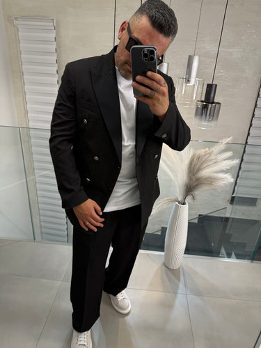 abito doppio petto  nero BRILLANTINATO   Rever raso bottoni argento Diamantato pantalone fondo largo art 3