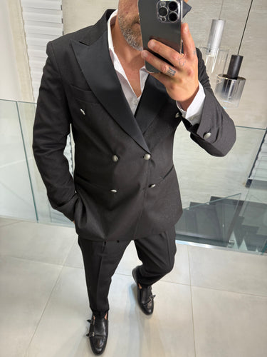 abito doppio petto  nero BRILLANTINATO   Rever raso bottoni argento Diamantato pantalone Slim art 1