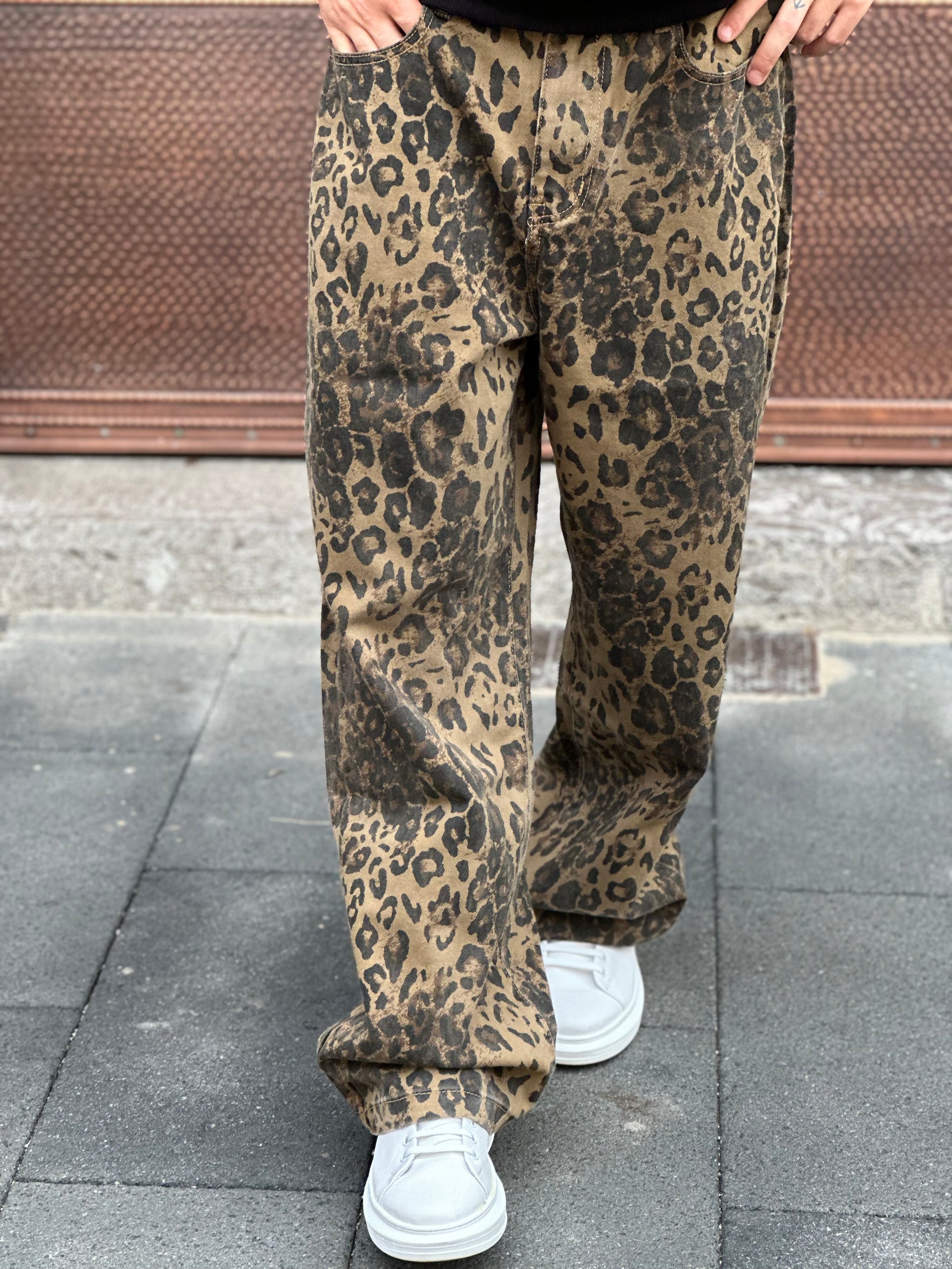 Wide Leg Pantaloni Leopardati Uomo Pantalone OG Single Knee In