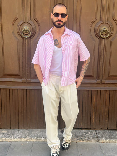camicia  riga rosa  cropped manica corta