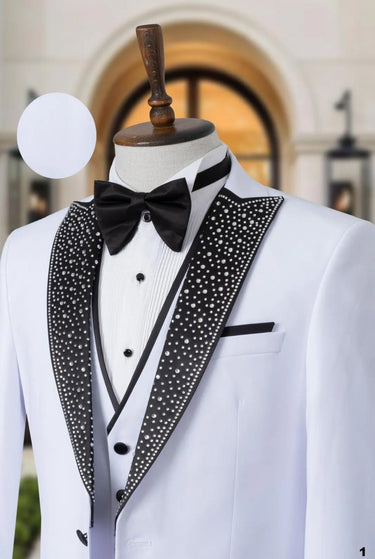 Abito tre pezzi  con gilet bianco con rever brillantinato diamantato  art-1.jpeg