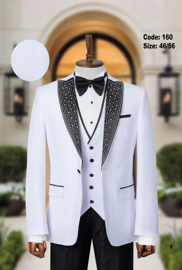 Abito tre pezzi  con gilet bianco con rever brillantinato diamantato  art-2.jpeg
