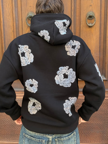 Felpa nera Brillantinata FIORI   DIAMOND con cappuccio  boxy fit made in italy