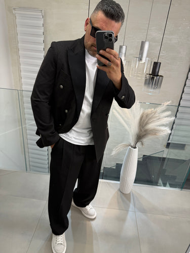 abito doppio petto  nero BRILLANTINATO   Rever raso bottoni argento Diamantato pantalone fondo largo art 2