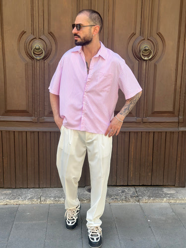 camicia  riga rosa  cropped manica corta
