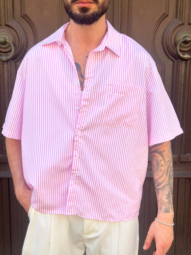 camicia  riga rosa  cropped manica corta