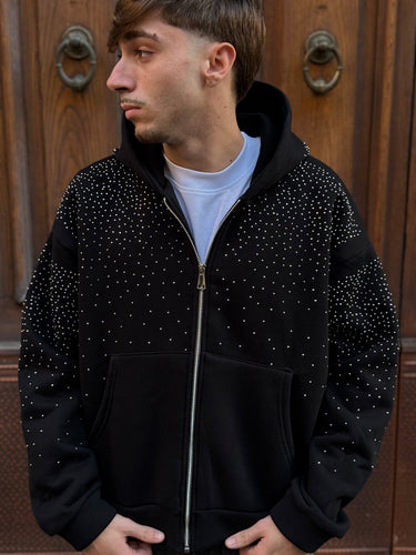 Felpa nera zip  DIAMOND Brillantinata con  capuccio    boxy fit  made in italy-0.jpeg