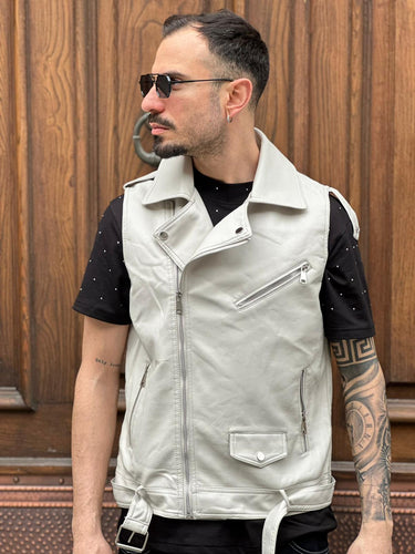 Gilet smanicato ecopelle chiodo beige promo