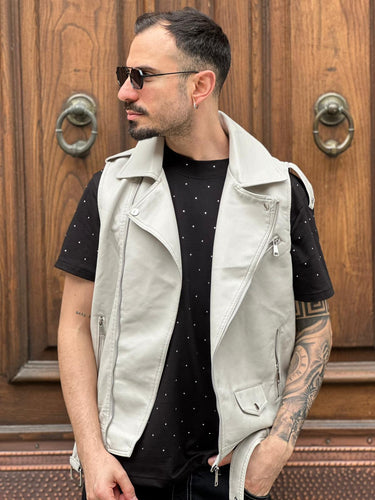 Gilet smanicato ecopelle chiodo beige promo