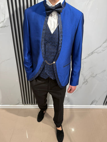 ABITO COREANO BLU ROYAL  CON REVER DAMASCATO TRE PEZZI CON GILET  LIMITED EDITION art zls5875 gg