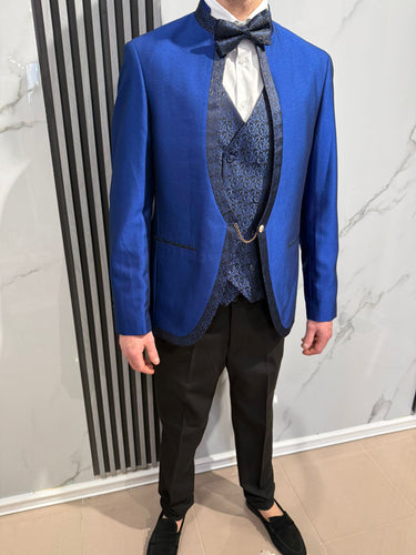 ABITO COREANO BLU ROYAL  CON REVER DAMASCATO TRE PEZZI CON GILET  LIMITED EDITION art zls5875 gg