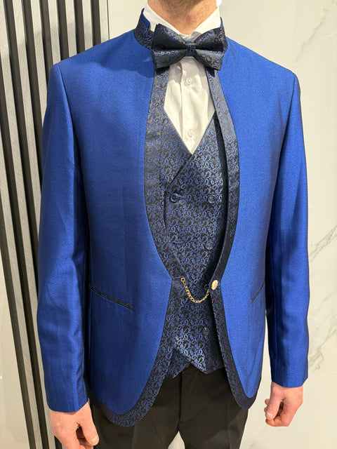 ABITO COREANO BLU ROYAL  CON REVER DAMASCATO TRE PEZZI CON GILET  LIMITED EDITION art zls5875 gg